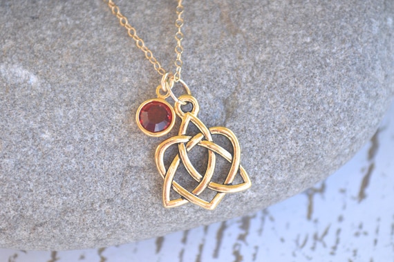 Petite Gold Eternal Heart Celtic Knot Necklace with Gold European Crystal Channel Cut Birthstone