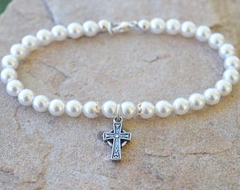 The Cashel Celtic Cross Sterling Silver and Pearl Bracelet
