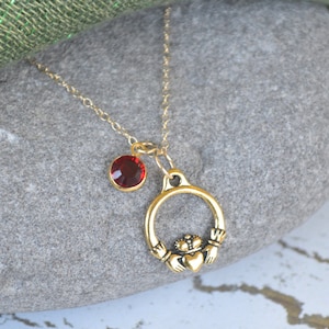 Gold Claddagh Celtic Necklace on 14K Gold Filled Chain with European Crystal Birthstone (Smaller size charm)
