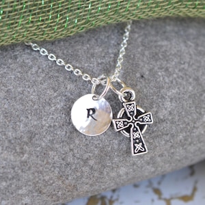 Personalized Irish Celtic Cross Silver Necklace with Hand stamped Sterling silver Initial Charm