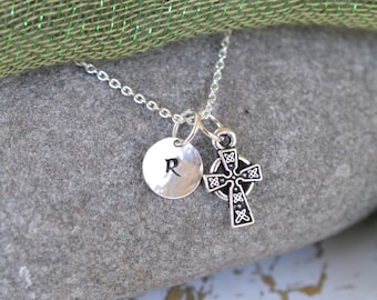 Personalized Irish Celtic Cross Silver Necklace with Hand stamped Sterling silver Initial Charm