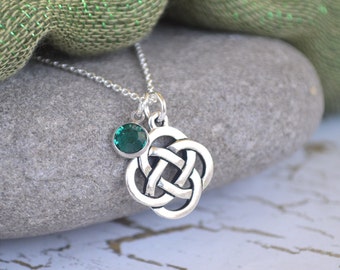 Open Celtic Knot (Large Size) Silver Necklace with European Crystal Birthstone