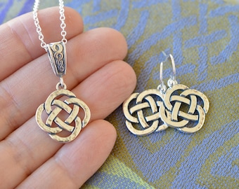 Gift Set: Sterling Silver Hand Hammered Eternal Celtic Knot Necklace with Celtic Bail and Matching Earrings