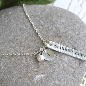 Anam Cara (Soul Mate/Friend in Gaelic) Rectangular Hand-Stamped Sterling Silver Necklace with 1 Tiny Initial Charm