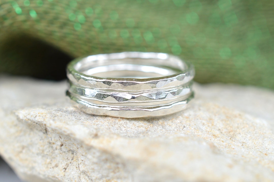 Three Fine Silver Hammered Stackable Rings Set - Etsy