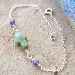 Wild Claryflower Connemara Marble Cross and Amethyst Sterling Silver Bracelet