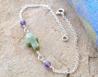 Wild Claryflower Connemara Marble Cross y pulsera de plata de ley de amatista