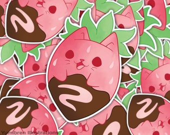 Sweet Meows and Berry Bliss: Chocolate Dipped Strawberry Cat Sticker - Whimsical Feline Delight for Cat Lovers and Food Enthusiasts