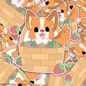 May include: A cartoon illustration of a corgi dog with orange and white fur sitting in a wicker basket filled with red strawberries. The corgi is smiling and has its tongue sticking out. The basket is surrounded by strawberries.
