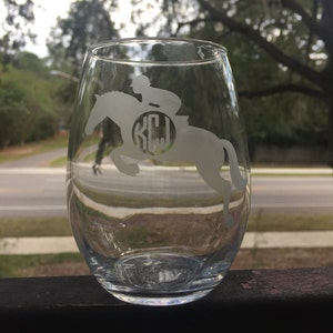 Horse Wine Glass, Etched Stemless Wine Glass with Equestrians//Horse Riders//Dressage//Jumpers//Western//Racing//Monogram