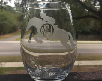 Horse Wine Glass, Etched Stemless Wine Glass with Equestrians//Horse Riders//Dressage//Jumpers//Western//Racing//Monogram