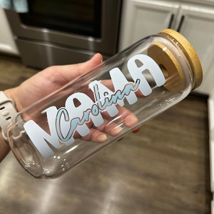 Personalized Mama Glass Mug: Custom Name, Bamboo Lid & Straw
