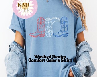 Maglietta con stivale da cowboy rosso, bianco e blu, canotta con t-shirt Comfort Colors per il 4 luglio