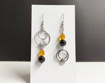 Boucles d'oreilles asymétrique dépareillées tourmaline cristal orange et acier inoxydable, boucles d oreilles noir et orange