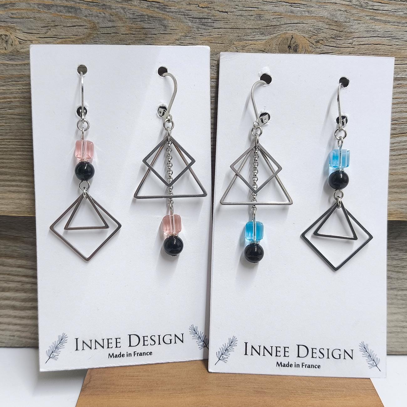Boucles D'Oreilles Pendantes - Cristal Bleu Et Blanc 4mm, Plaqué Argent, Dormeuses