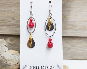 Boucles d'oreilles asymétrique rouge goutte acier inoxydable doré et argenté, boucles d oreilles couleur rouge argent et or