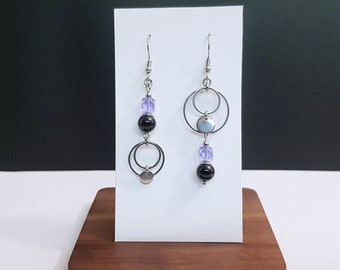 Asymmetrical mismatched tourmaline crystal purple and stainless steel earrings, black and purple earrings, circle
