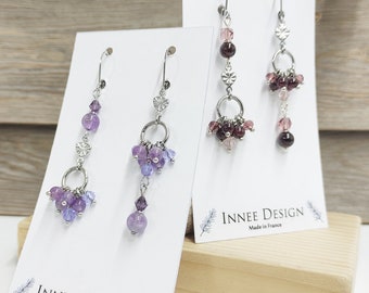 Boucles d'oreilles asymétrique dépareillées perle grappe, cercle grenat ou amethyste en acier inoxydable argenté