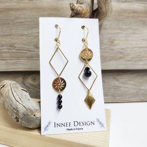 Asymmetrical mismatched sun diamond onyx earrings gold stainless steel