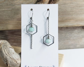 Boucles d'oreilles asymetrique dépareillées amazonite hexagone acier inoxydable, boucle d oreilles vert pastel