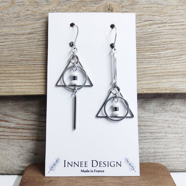 Boucles d'oreilles asymétrique dépareillées triangle cercle et acier inoxydable argenté hématite, boucles d oreilles gris noir et blanc