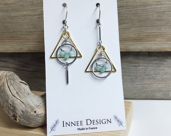 Asymmetrical earrings mismatched triangle circle mini amazonite ring and stainless steel, gold and silver earrings