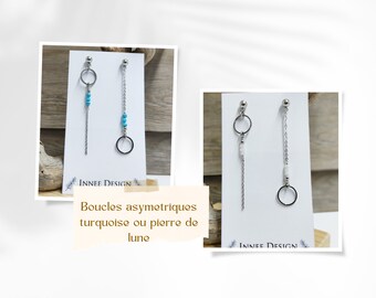 Boucles d oreilles Asymetrique Turquoise ou pierre de lune chainette cercle geometrique