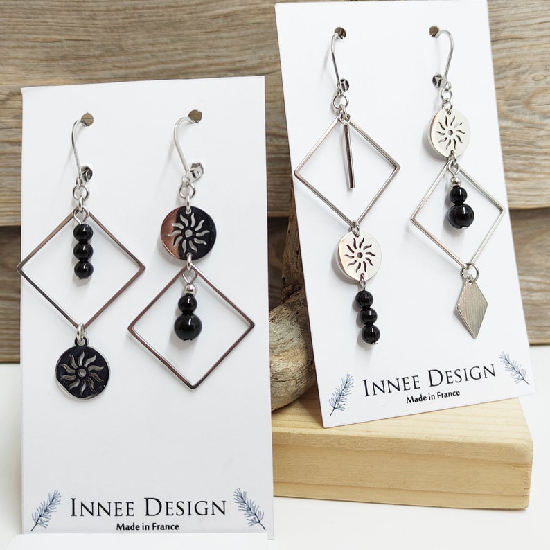 Boucles d'oreilles asymétrique dépareillées soleil losange onyx acier inoxydable argenté image 1