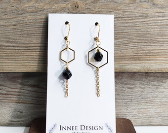 Mismatched asymmetric earrings onyx hexagon stainless steel gold, earring black and gold