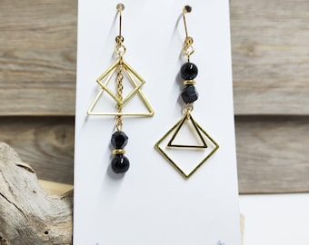Asymmetrical mismatched black cube onyx and gold stainless steel earrings, black and gold earrings