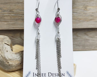 Boucles d oreilles rose et longue chaine en acier inoxydable