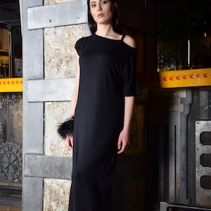Black maxi dress, loose dress, maxi dress, long dress, bare shoulder dress, asymmetric dress, plus size dress,black dress woman - UM-079-VL