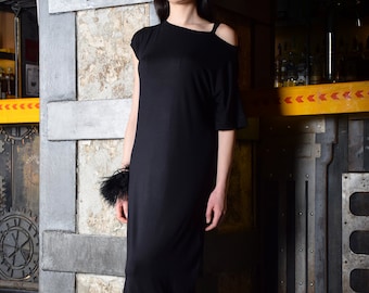 Black maxi dress, loose dress, maxi dress, long dress, bare shoulder dress, asymmetric dress, plus size dress,black dress woman - UM-079-VL