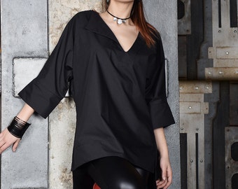 Black Shirt, Black blouse, Cotton V neck blouse, asymmetric blouse, black cotton shirt, black tunic - UM-082-CO