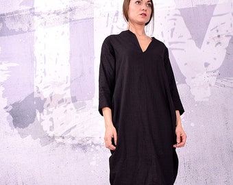 Linen Dress, Black linen dress, Midi Dress, Summer Linen Dress, Dress, Asymmetric Dress, Plus Size, Party Dress Made To Measure UM-161-LN