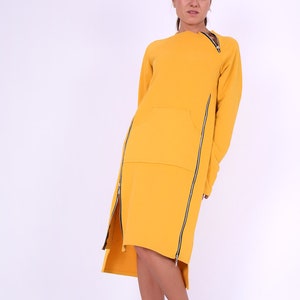 Sweatshirt dress.Women dress.Yellow cotton dress.Dress with zippers.Long sleeved dress.Knee length dress.Autumn winter dress.Dresses 275QC image 3