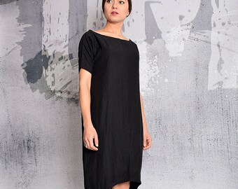 Linen Dress. Black Dress. Black linen dress. Loose Dress. Sort sleeves dress. Linen dress. Minimalist Dress.Elegant dress.Plus size. -177-LN