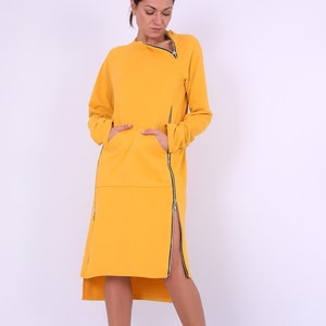 Sweatshirt dress.Women dress.Yellow cotton dress.Dress with zippers.Long sleeved dress.Knee length dress.Autumn winter dress.Dresses 275QC image 1