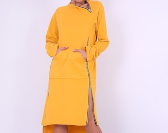 Sweatshirt dress.Women dress.Yellow cotton dress.Dress with zippers.Long sleeved dress.Knee length dress.Autumn winter dress.Dresses 275QC