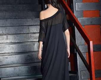 Black maxi dress, Black long dress, sheer shoulders dress, long dress, loose dress, short sleeved dress - UM-085-COCH