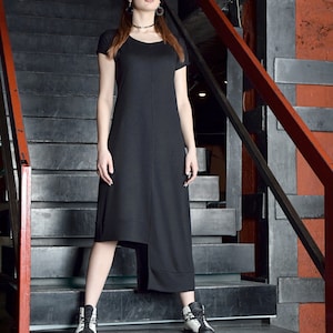 Black asymmetric dress, open back dress, long dress, loose dress, short sleeved dress by UrbanMood - UM-084-VL