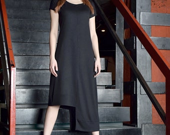 Black asymmetric dress, open back dress, long dress, loose dress, short sleeved dress by UrbanMood - UM-084-VL