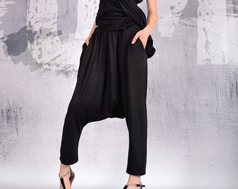 Harem Pants, Woman Pants, Black Pants, Casual, Oriental Pants, Elastic pants, Loose Pants, Drop Crotch,Pants with Pockets,UM202VL