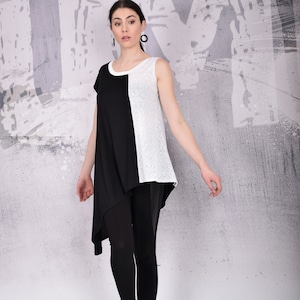 Top, Black top, extravagant tunic top, asymmetric tunic top, plus size tunic top, short sleeves top, black and white top - UM-104-VL