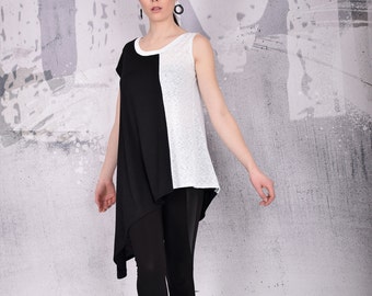 Top, Black top, extravagant tunic top, asymmetric tunic top, plus size tunic top, short sleeves top, black and white top - UM-104-VL