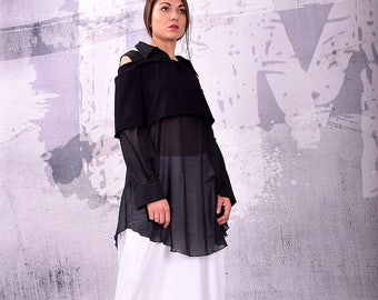 Black Shirt, Black blouse, Cotton top, Asymmetric Blouse, Black cotton shirt, Black tunic, Two Layers Blouse, Open Shoulders  - UM-137-CO