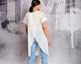 T shirt, White t-shirt, white top, simple tunic, short sleeved blouse,cotton top, asymmetric top, tunic top, UrbanMood - UM-181-CO