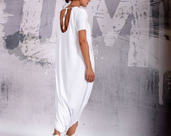 Jumpsuit, Plus size jump suit, Over sized jumpsuit, White loose union suit, Low crotch, Open back jump suit by UrbanMood - UM-199-VL