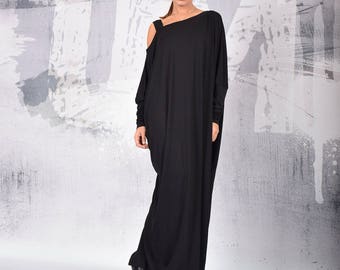 Black long dress, loose dress, maxi dress, black dress, long sleeves dress, bare shoulder dress, asymmetric dress, plus size dress - UM215VL