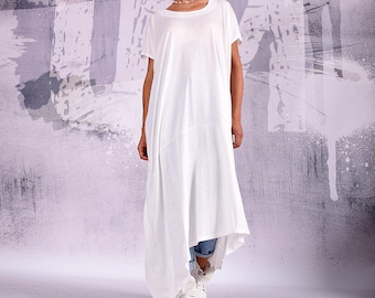 White maxi dress, short sleeves, plus size dress, oversize tunic, extra long tunic, asymmetric dress, casual dress, wide dress, UM-201-VL